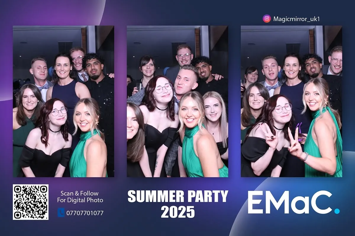 Group of friends posing at a summer party photo booth