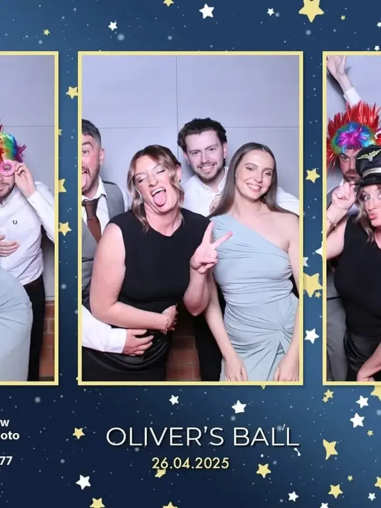 Guests smiling in a personalized photo in private event photo booth