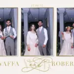 Wedding guests posing together with photo booth props