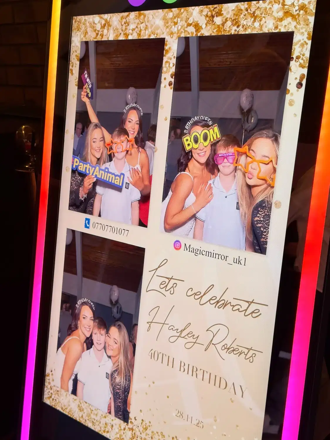 Friends posing together in a personalised Magic Mirror photo booth print