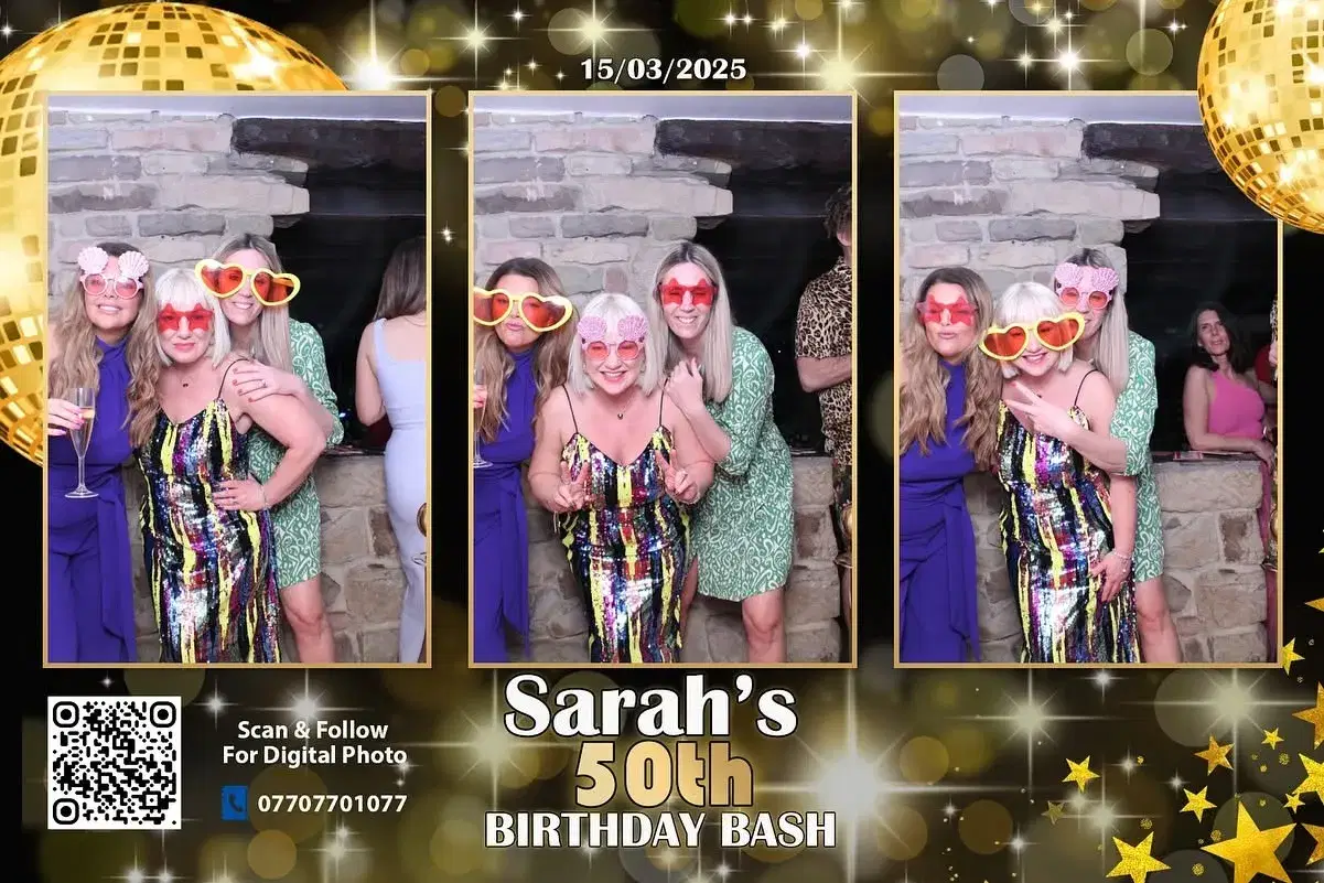 Guests posing in a Magic Mirror photo booth print at a birthday party
