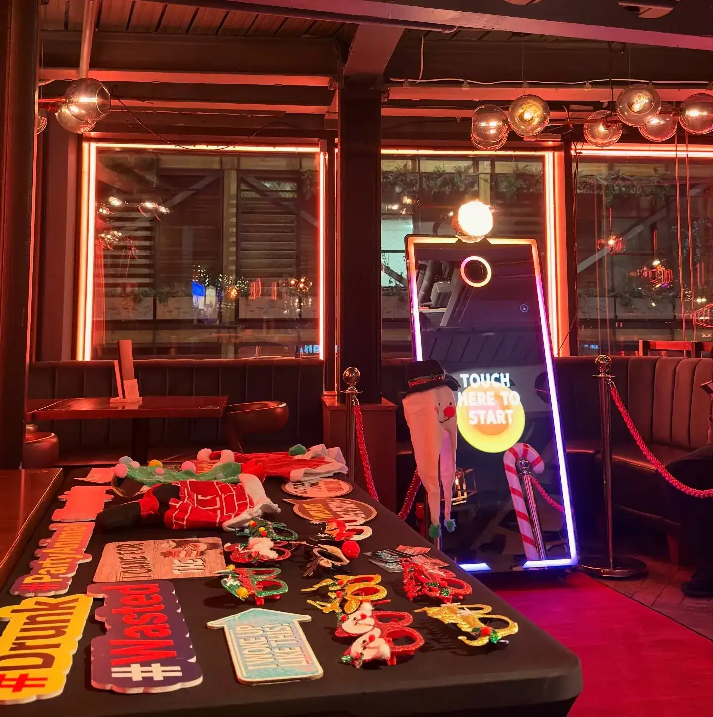 Party props and novelty accessories displayed for guests to use
